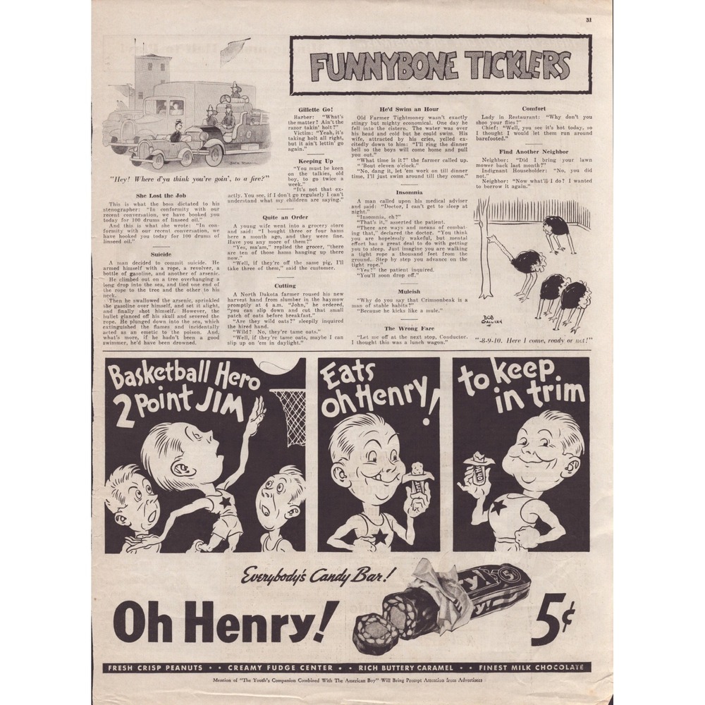 Vintage 1927 Oh Henry Candy Bar Advertisement Funnybone Ticklers Magazine Page - Picture 1 of 1